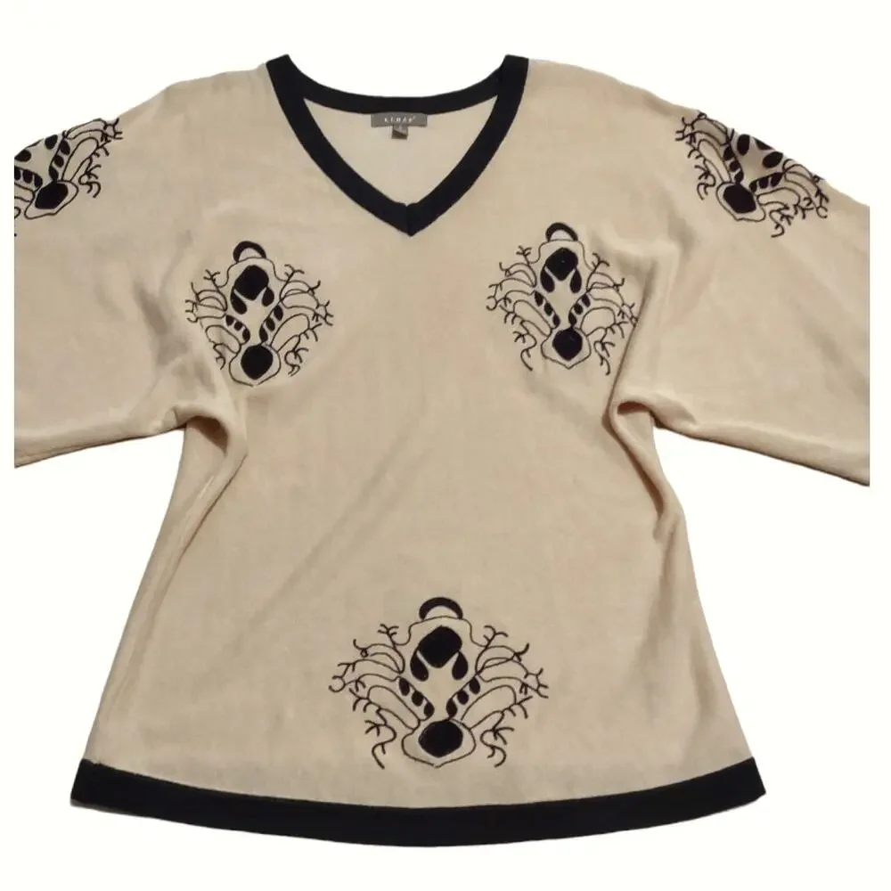 KENAR Kimono Style Sweater Top Tan & Black with Embroidered Size S Cozy Vintage